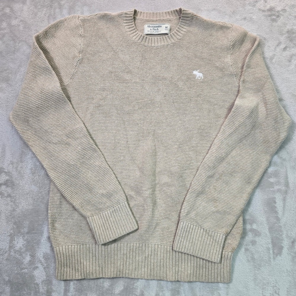 Abercrombie & Fitch Mens Medium Tan Beige Seed Stitch Crewneck Moose Sweater